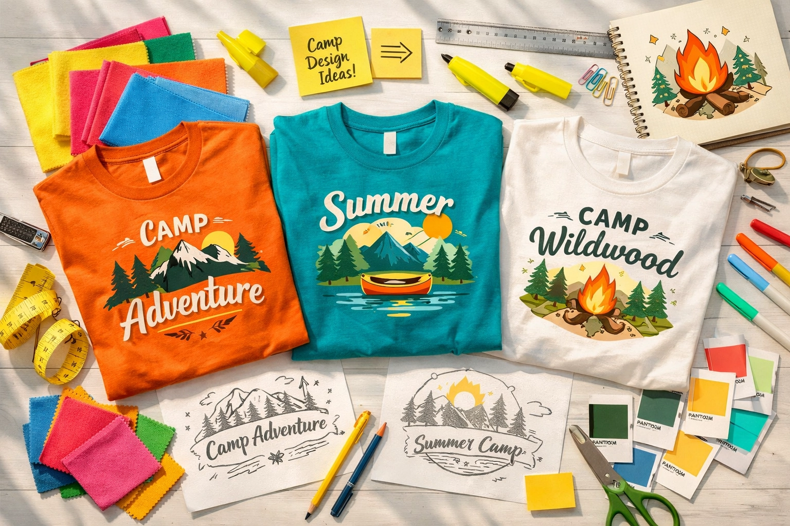 Summer camp t-shirt design process with sketches, color swatches, and finished shirts