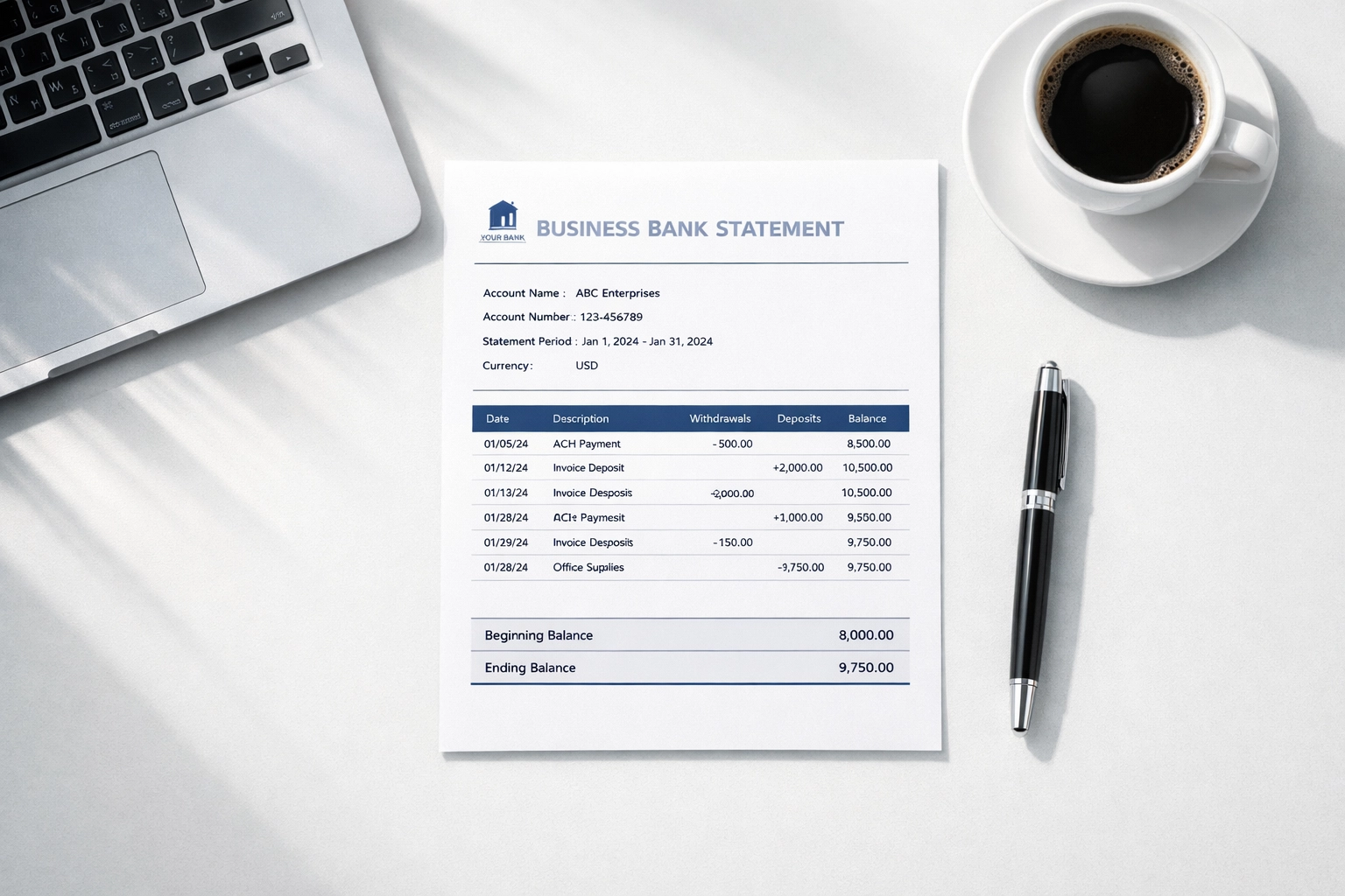 Organized business bank statements and laptop on desk for fast loan approval