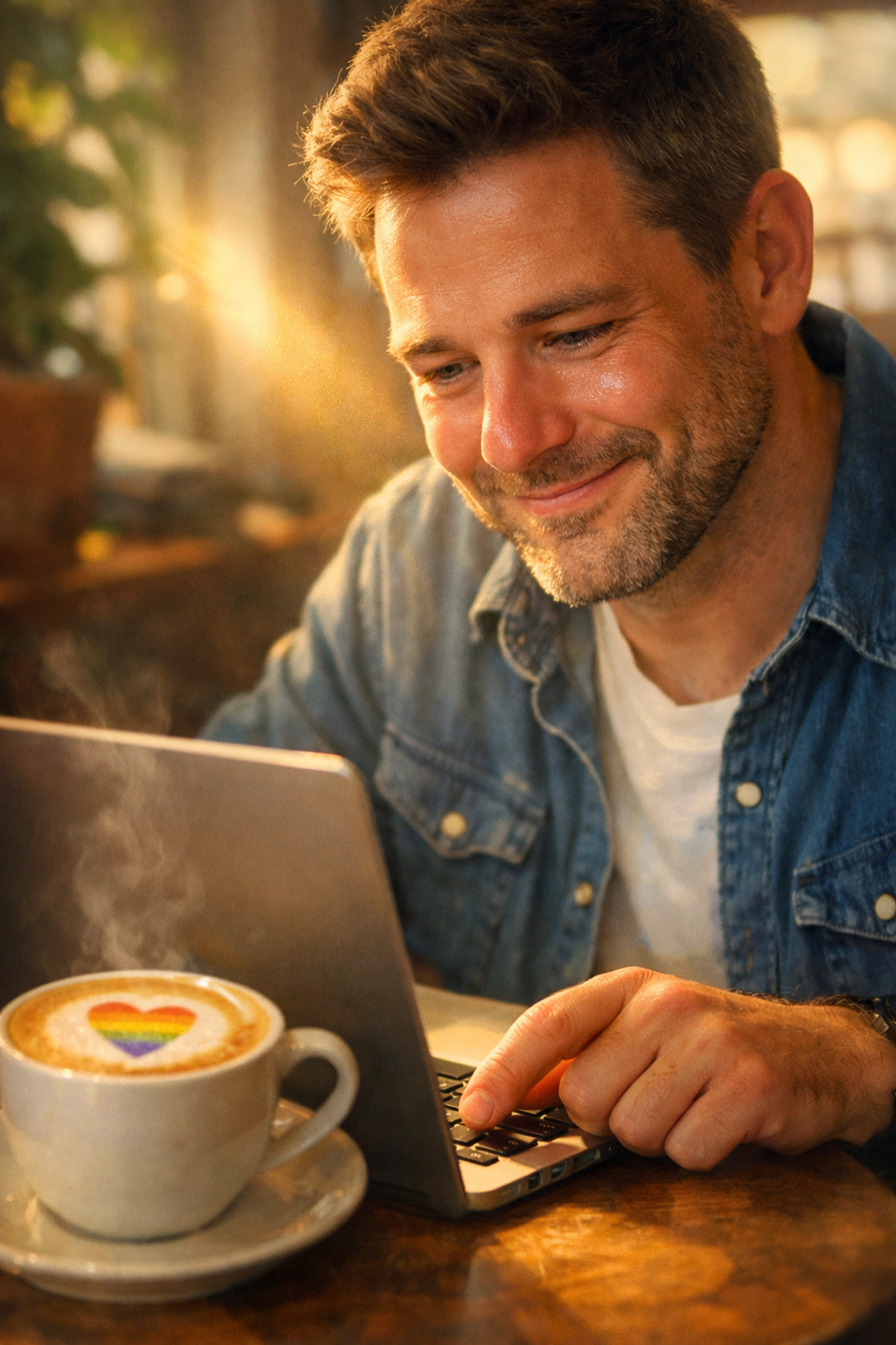 An emotional queer author successfully publishing his gay romance book in a cafe.