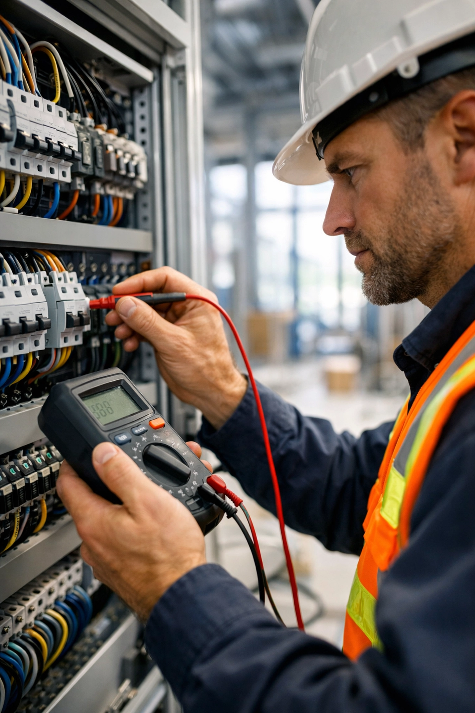Specialist electrician testing a control panel on a UK construction site, highlighting vetted technical labour solutions.