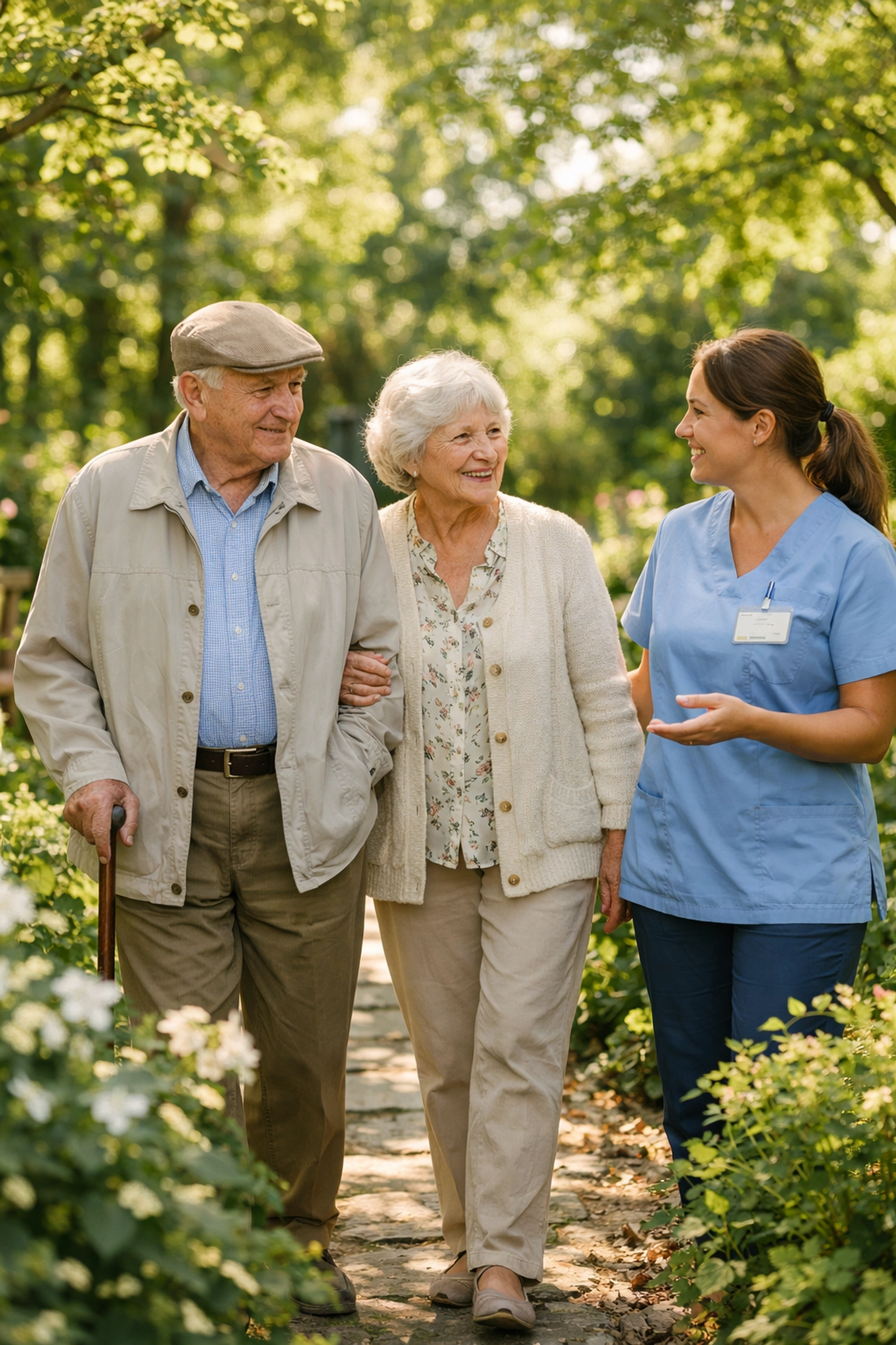 Elderly couple maintaining independence in their Southampton garden with professional live-in care.