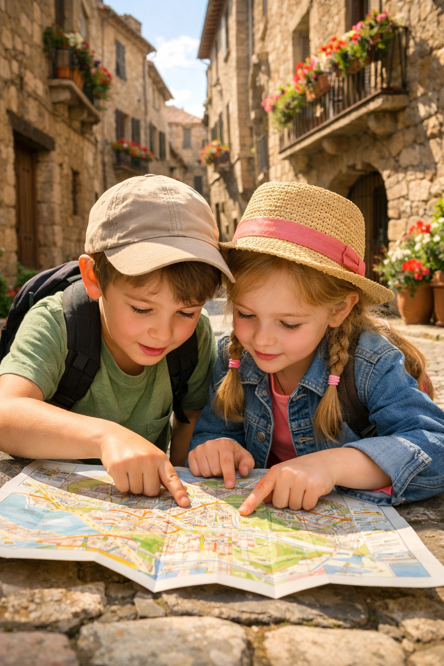 Two young children exploring a European city with a map, enjoying educational family travel activities.