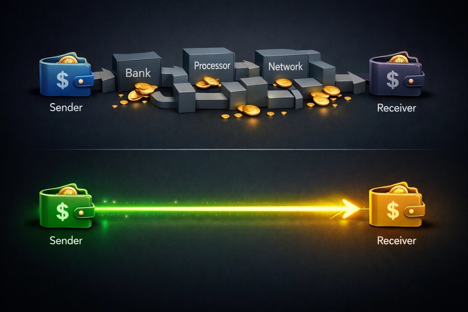Payment flow comparison showing direct peer-to-peer transfers versus traditional gateway intermediaries
