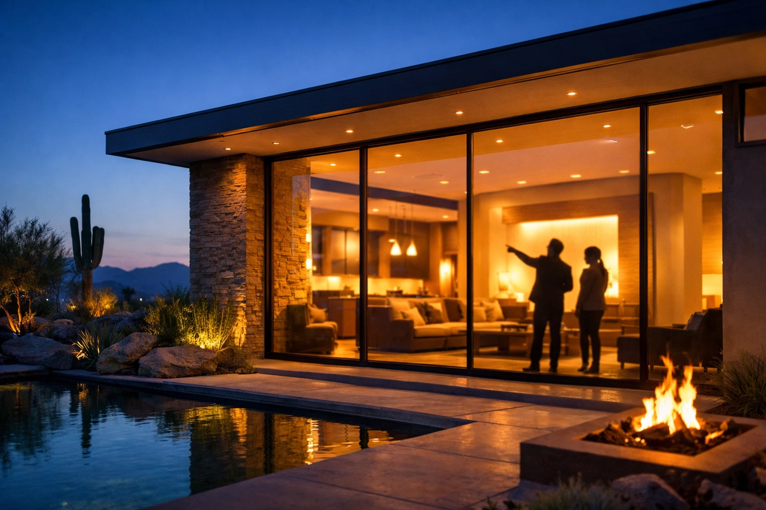 Professionally designed smart lighting in a modern Scottsdale home transformation at twilight.