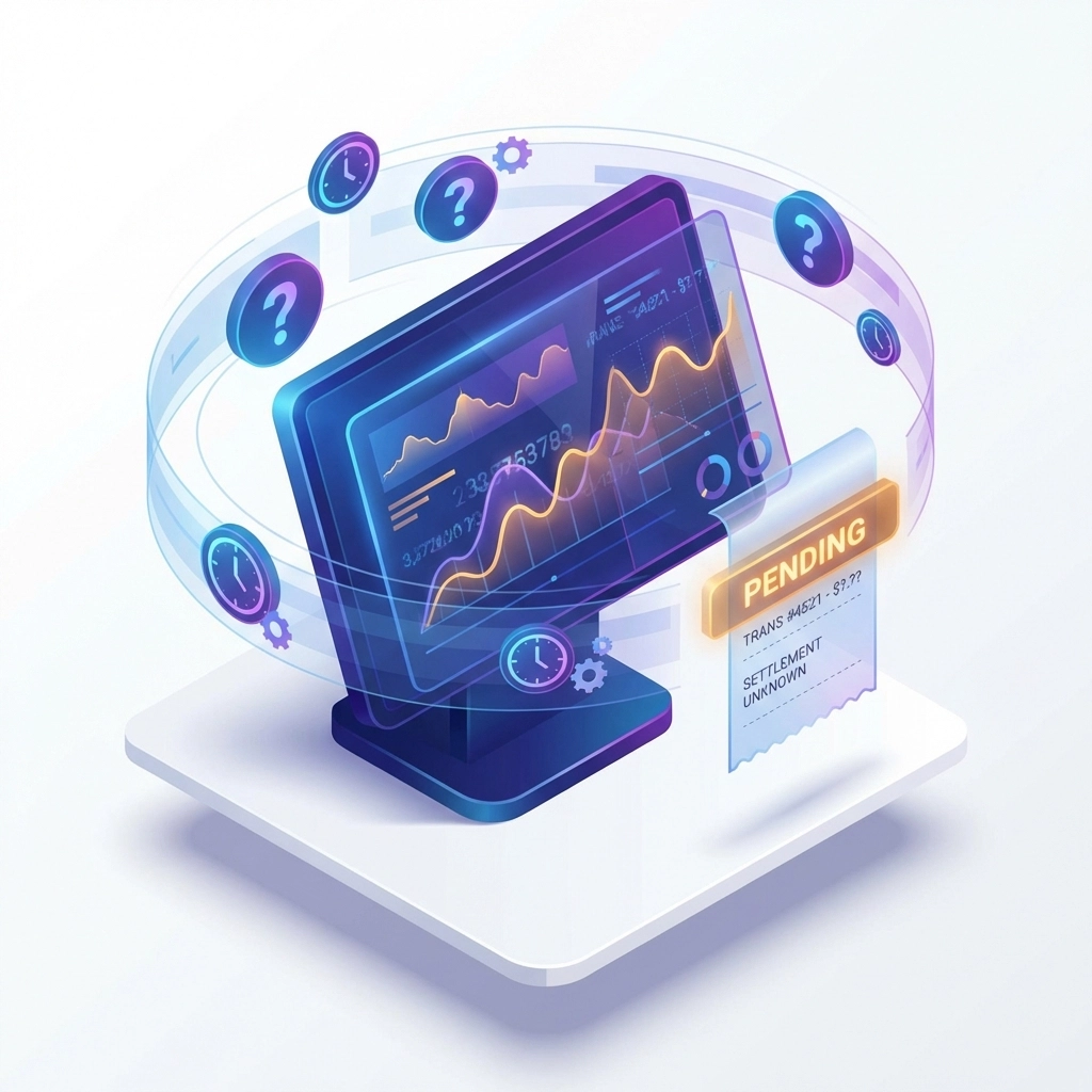 Restaurant POS screen with confusing numbers and pending transactions highlights unsettled tips and reporting delays