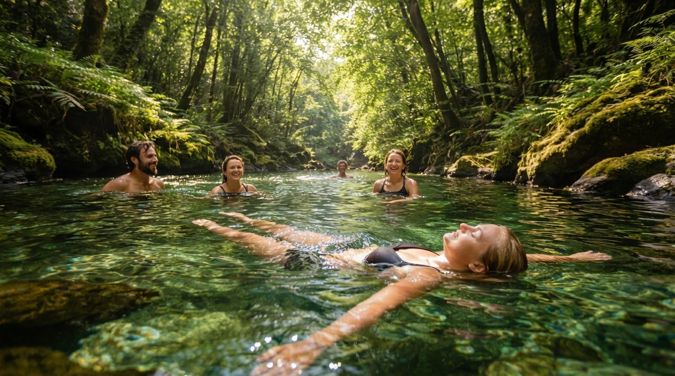 Team wild swimming in a clear forest river, connecting with nature on a sustainable corporate retreat.