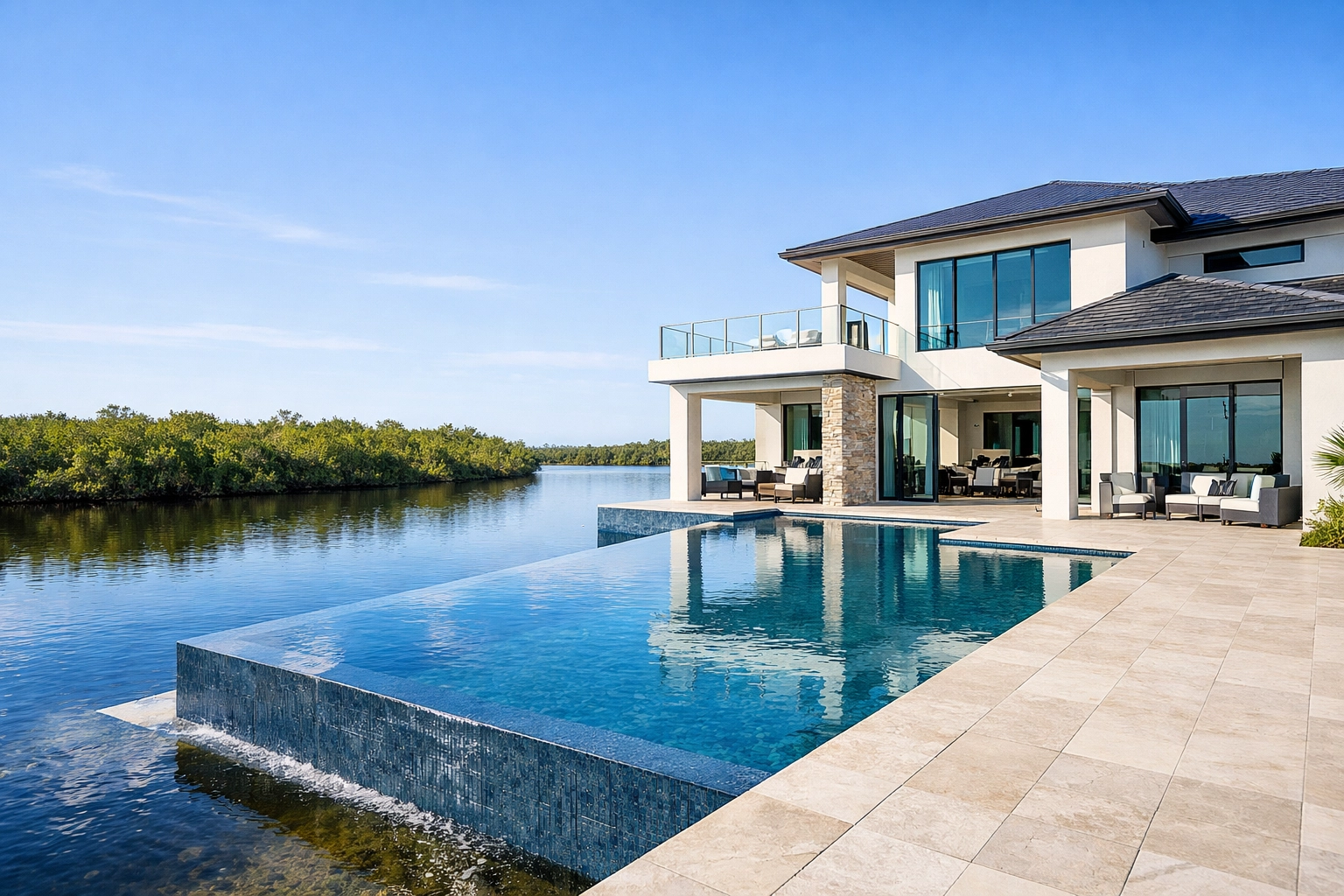 Modern new construction home with an infinity pool on a saltwater canal in Northwest Cape Coral.