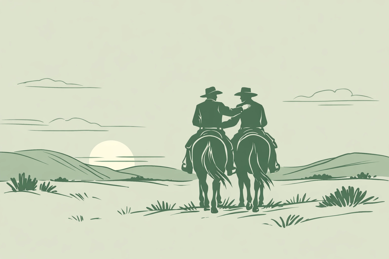 Two cowboys riding horseback together across Western frontier landscape at dusk
