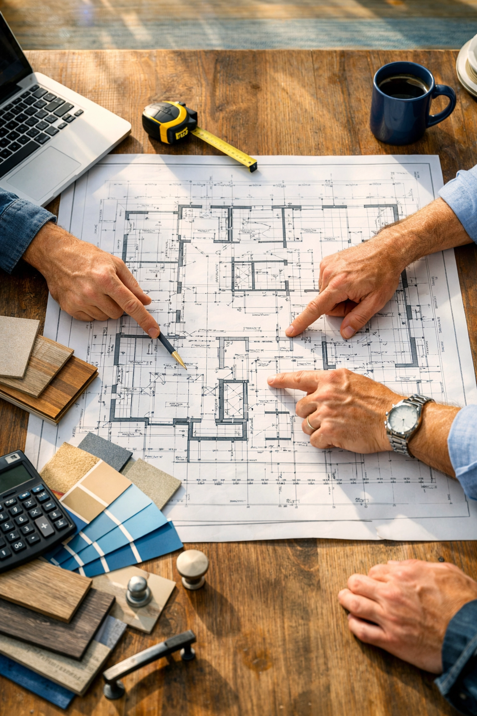 Commercial upfit project planning with blueprints and material samples for budget control