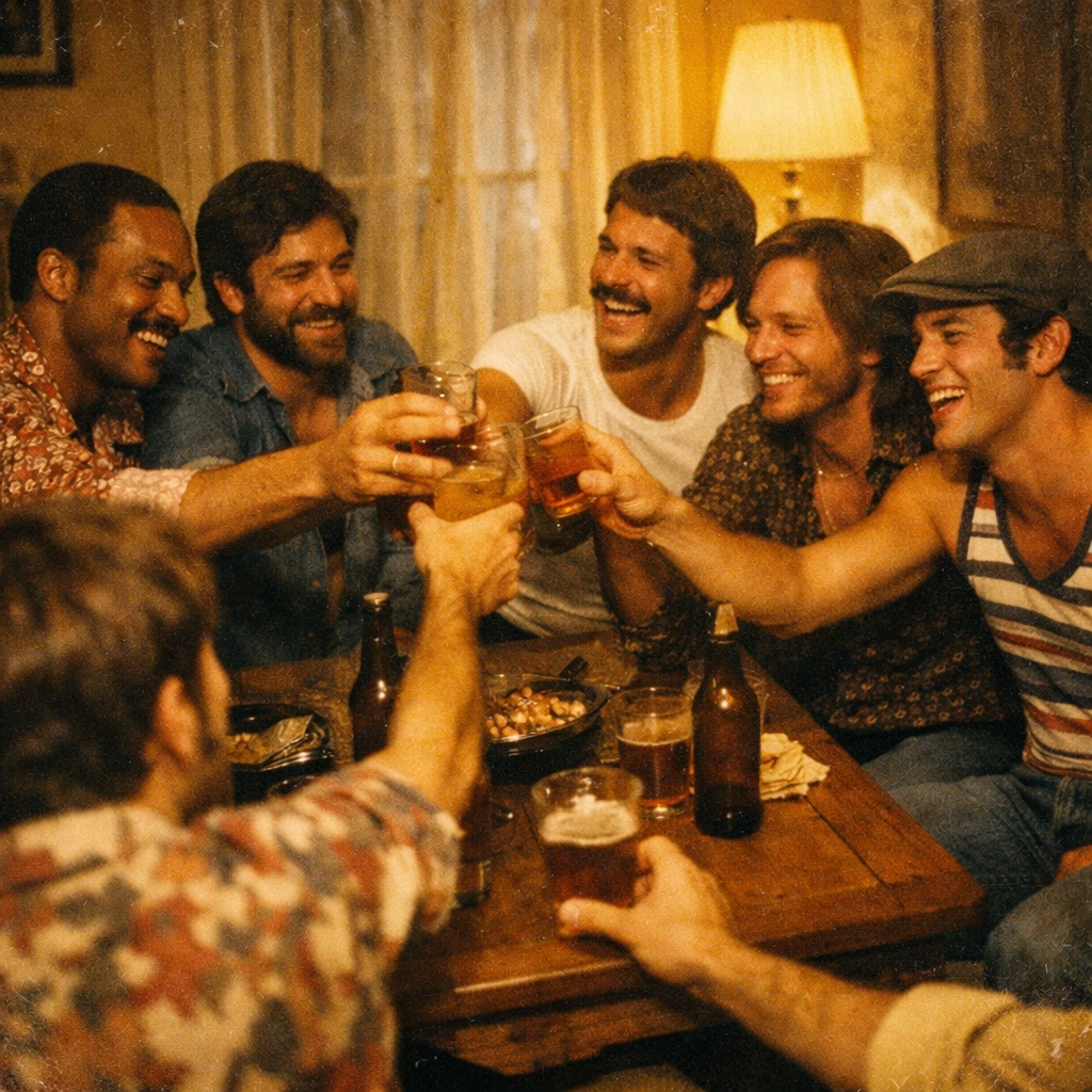 Gay men celebrating at the original 1972 Southern Decadence house party in a New Orleans cottage.