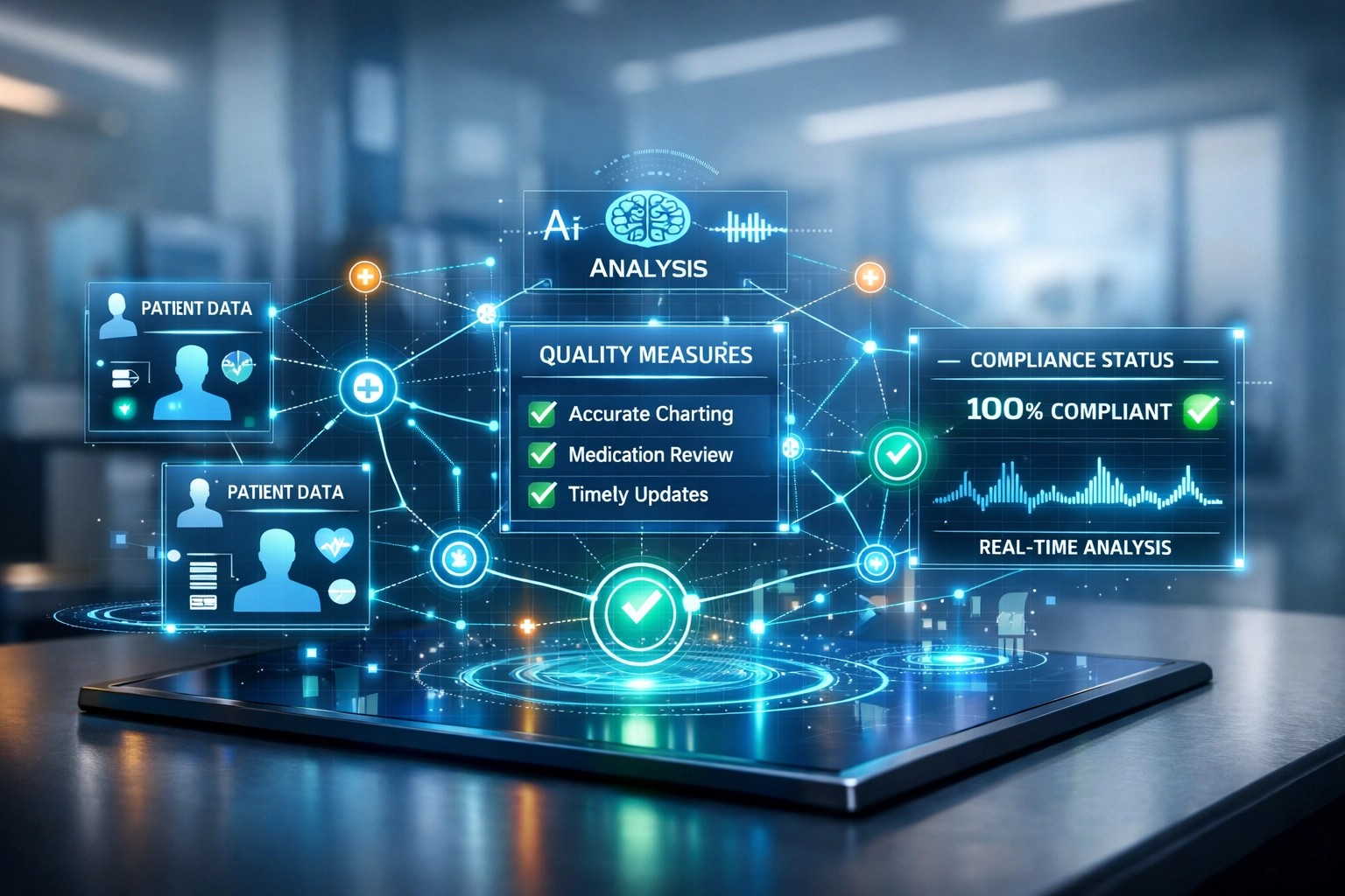 AI-powered clinical documentation system displaying real-time compliance checks and quality measures