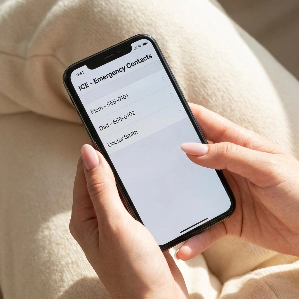 An overhead shot of a woman with only her hands visible, holding her phone that has her emergency contacts listed.