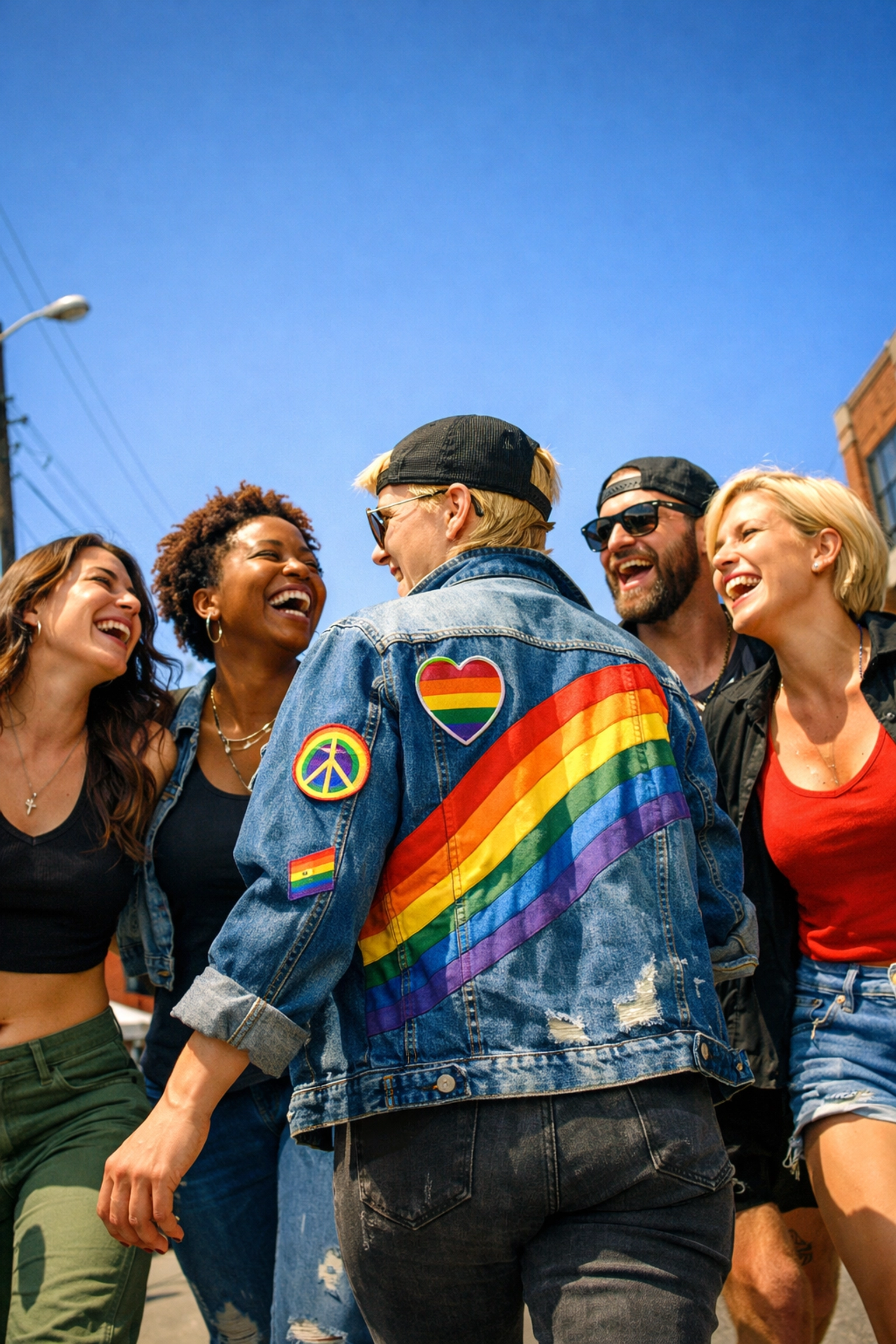 A diverse group of joyful LGBTQ+ friends walking together, celebrating community and collective resilience.