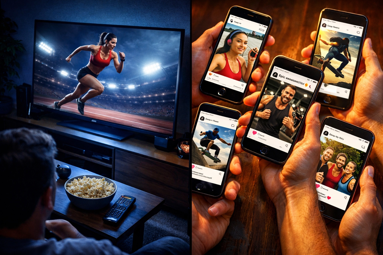 Comparison of traditional TV Super Bowl ad versus authentic athlete social media content on smartphones