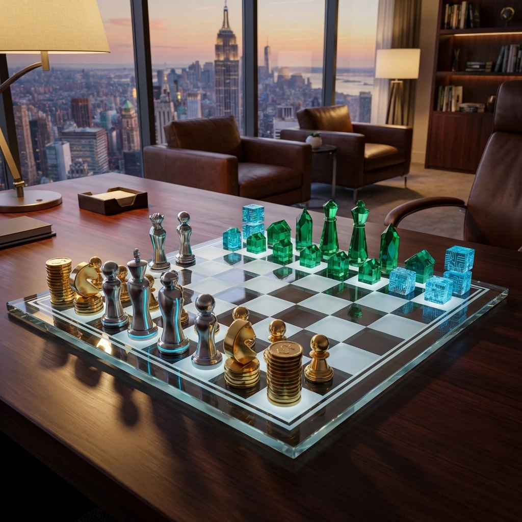 Glass chess board with pieces symbolizing diversified portfolio strategy, set in an executive office overlooking city skyline at dusk.