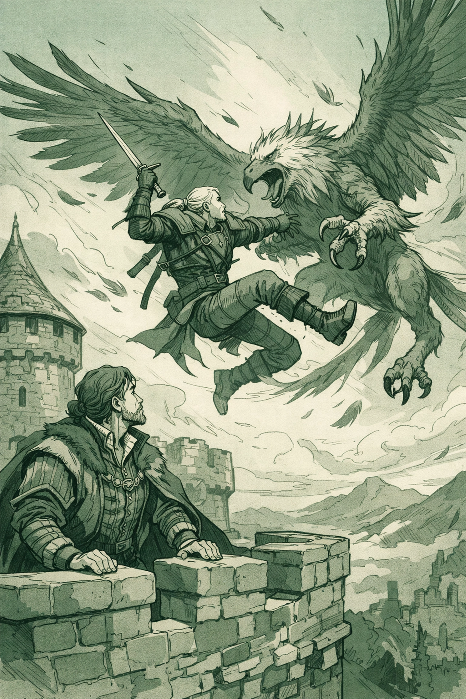 Griffin hunter witcher battles monster while nobleman watches from medieval castle