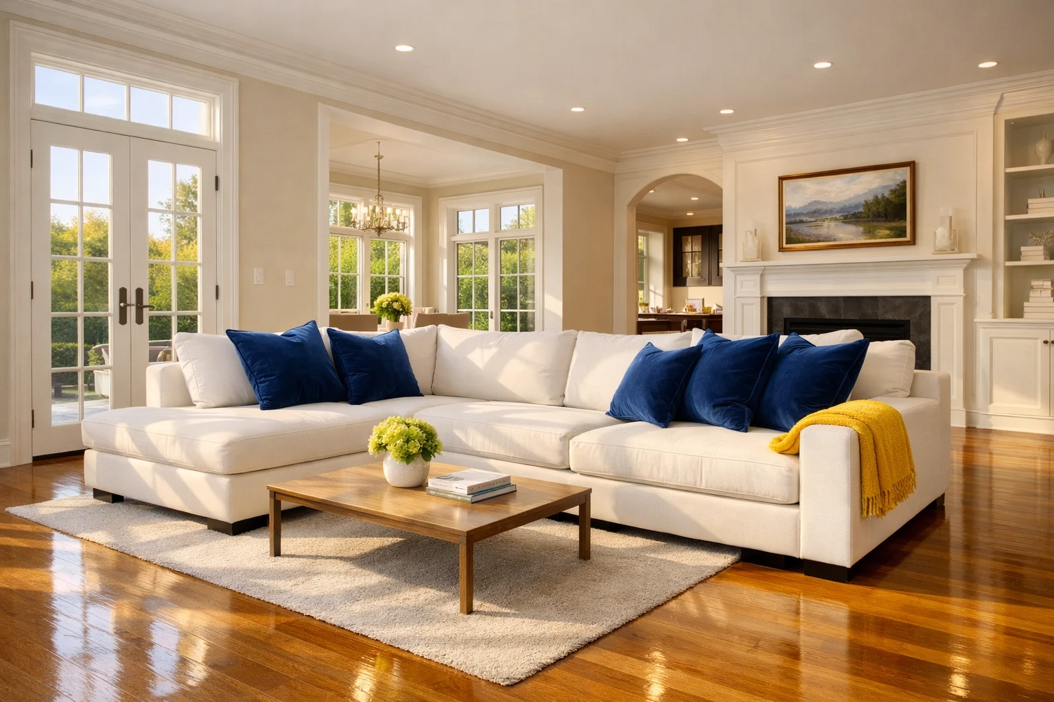 Sun-lit living room with hardwood floors in a Marlborough home showing results of professional weekly house cleaning.