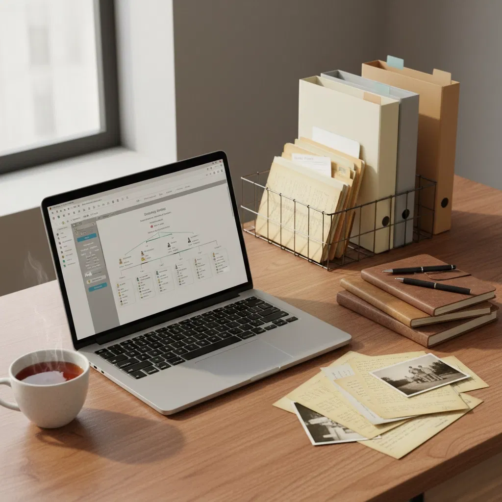 Professional genealogy workspace with a digital family tree and archival files for citizenship proof. A professional genealogist working at a desk filled with archival files and a digital family tree.