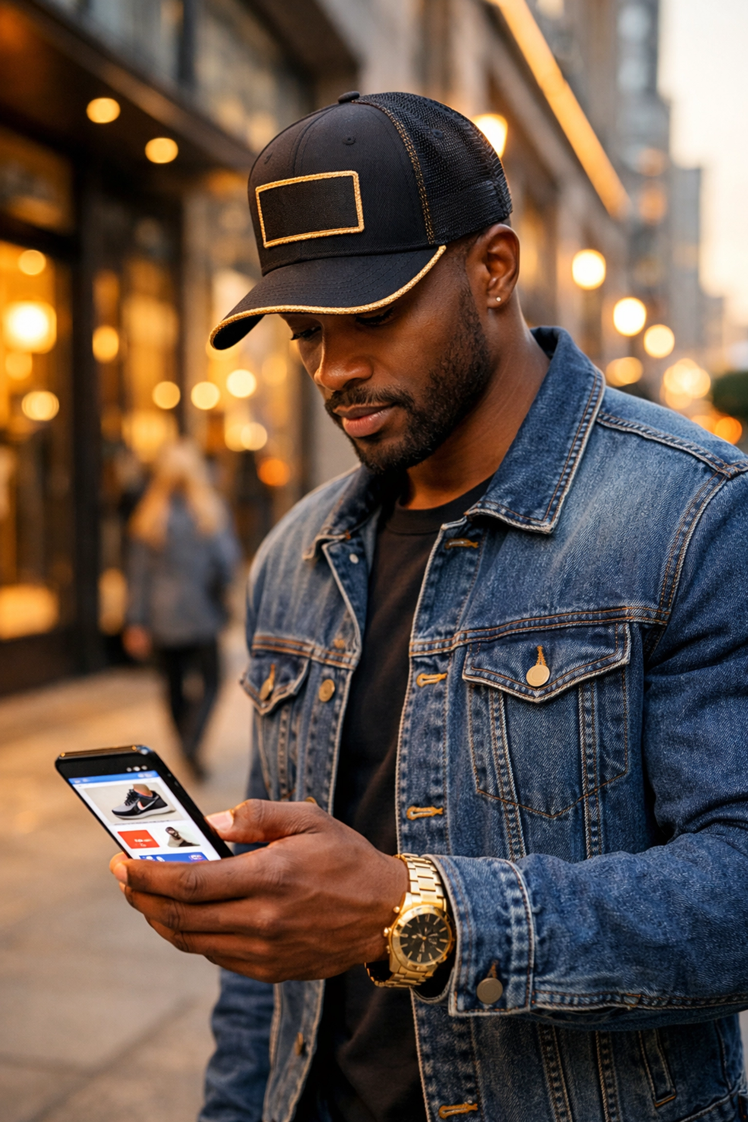 The Ultimate Guide to Sonny’s Black People of Interest: Everything You Need to Shop Black-Owned Brands Stylish Black man using a smartphone to Buyblack and support Black-owned fashion brands in the city.