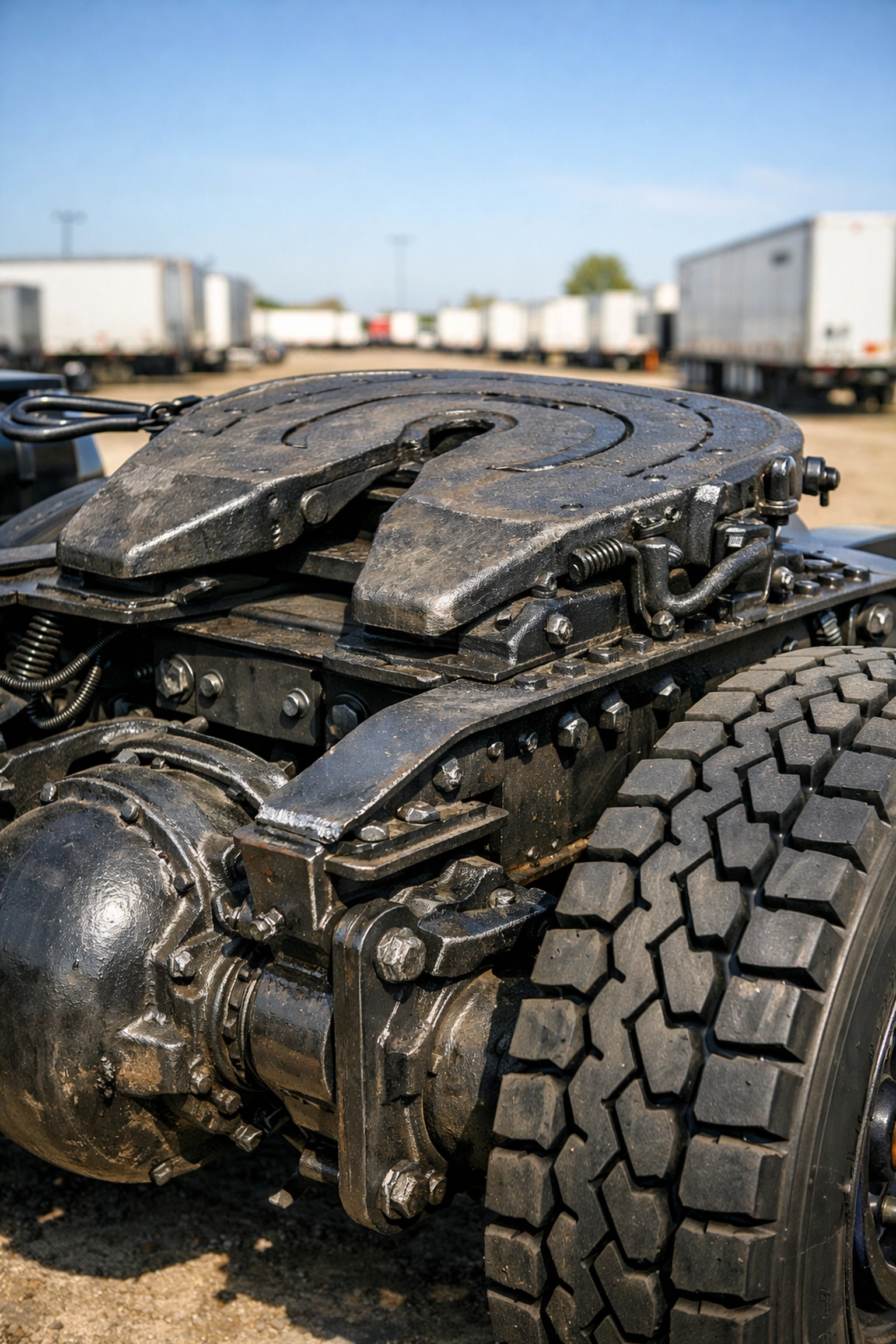 Close-up of a heavy-duty yard spotter fifth-wheel hitch and rear axle for terminal tractor maintenance.