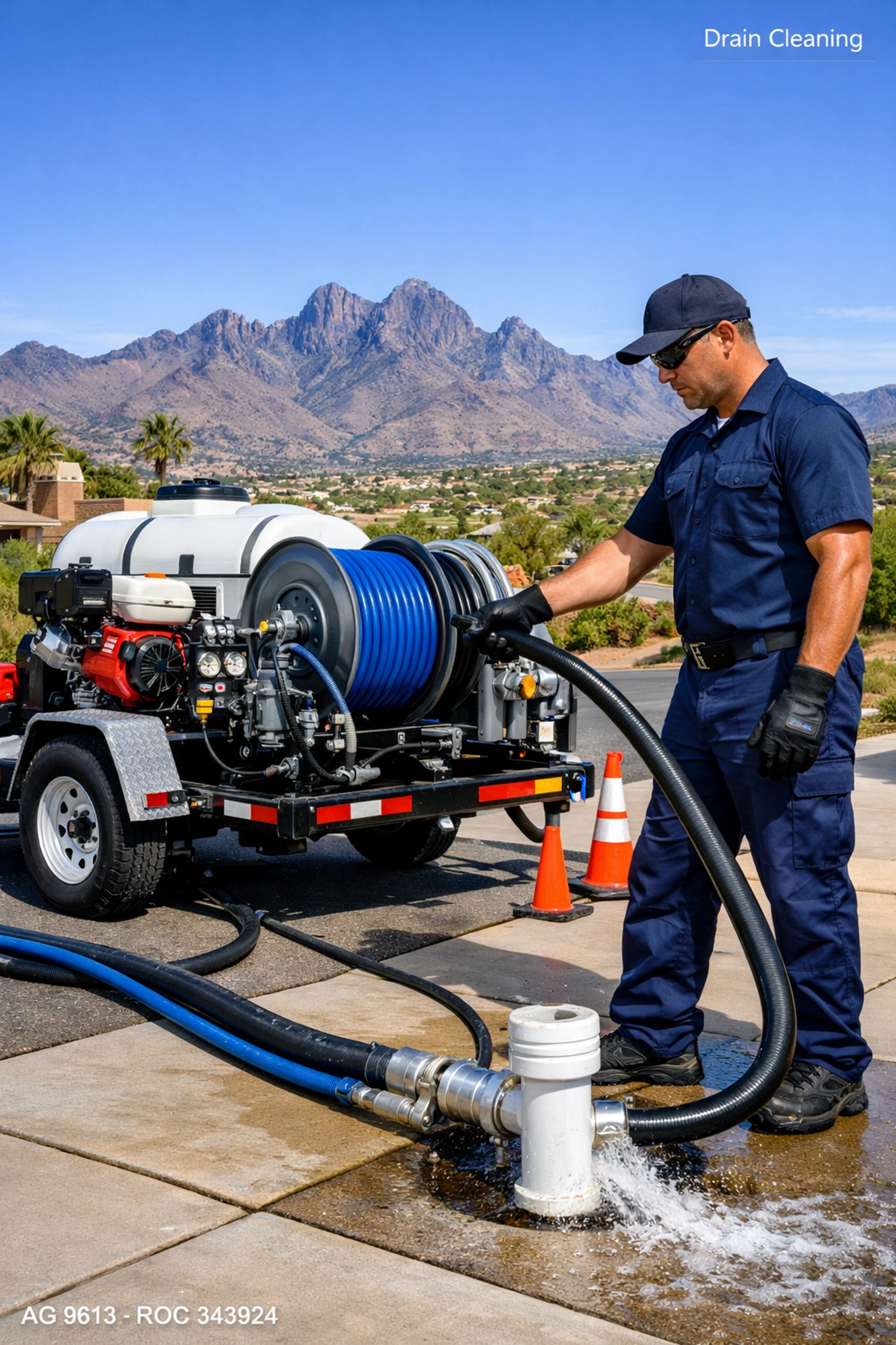 Professional hydro-jetting equipment setup for high-pressure drain clearing in Fountain Hills Arizona.