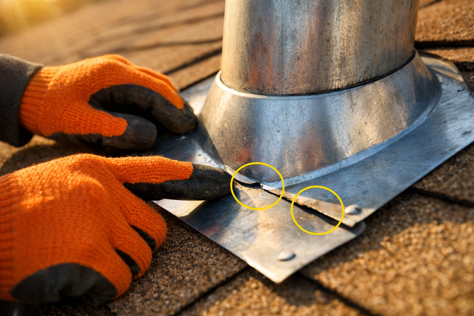 Roofing professional inspecting metal flashing for freeze damage in McAllen TX