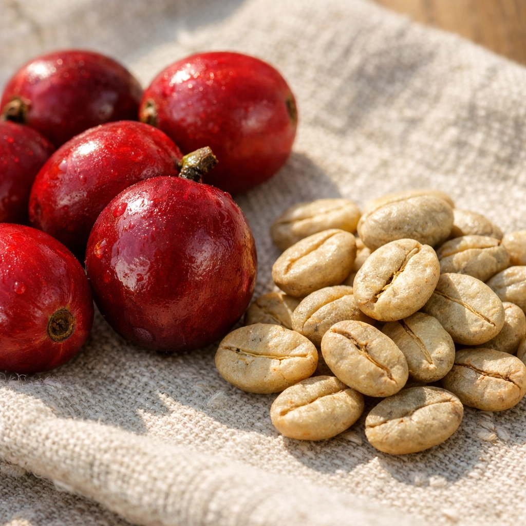 Ripe red coffee cherries and dried speciality beans showing the journey from farm to home brew.