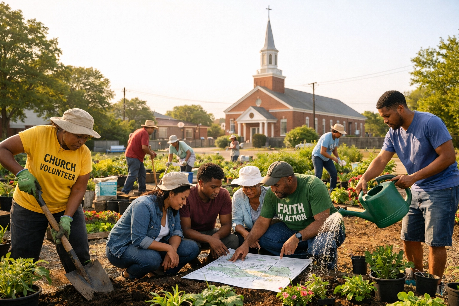 Volunteers and residents planting a garden, illustrating the impact of church-led local development.