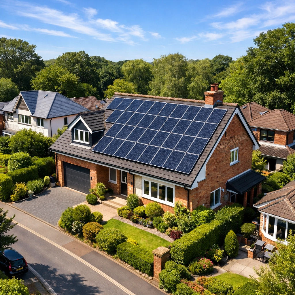 Aerial view of a Poole home with solar panel installation in a leafy suburban neighbourhood
