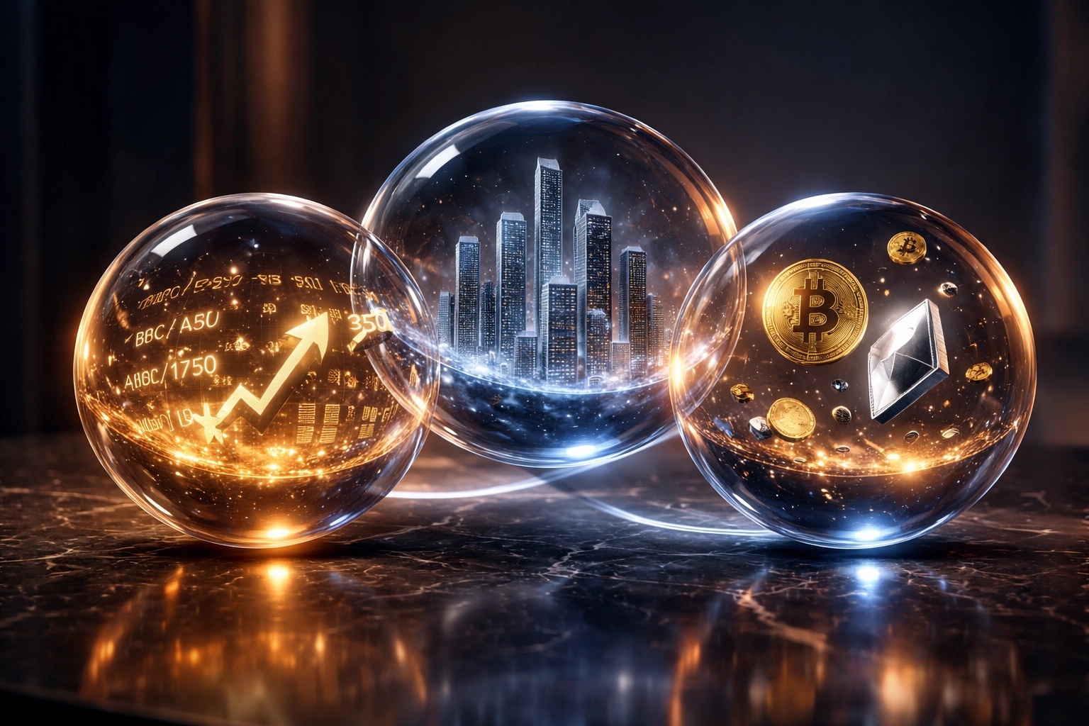 Three spheres representing stocks, real estate, and cryptocurrencies illustrate the 40/30/30 investment portfolio framework.