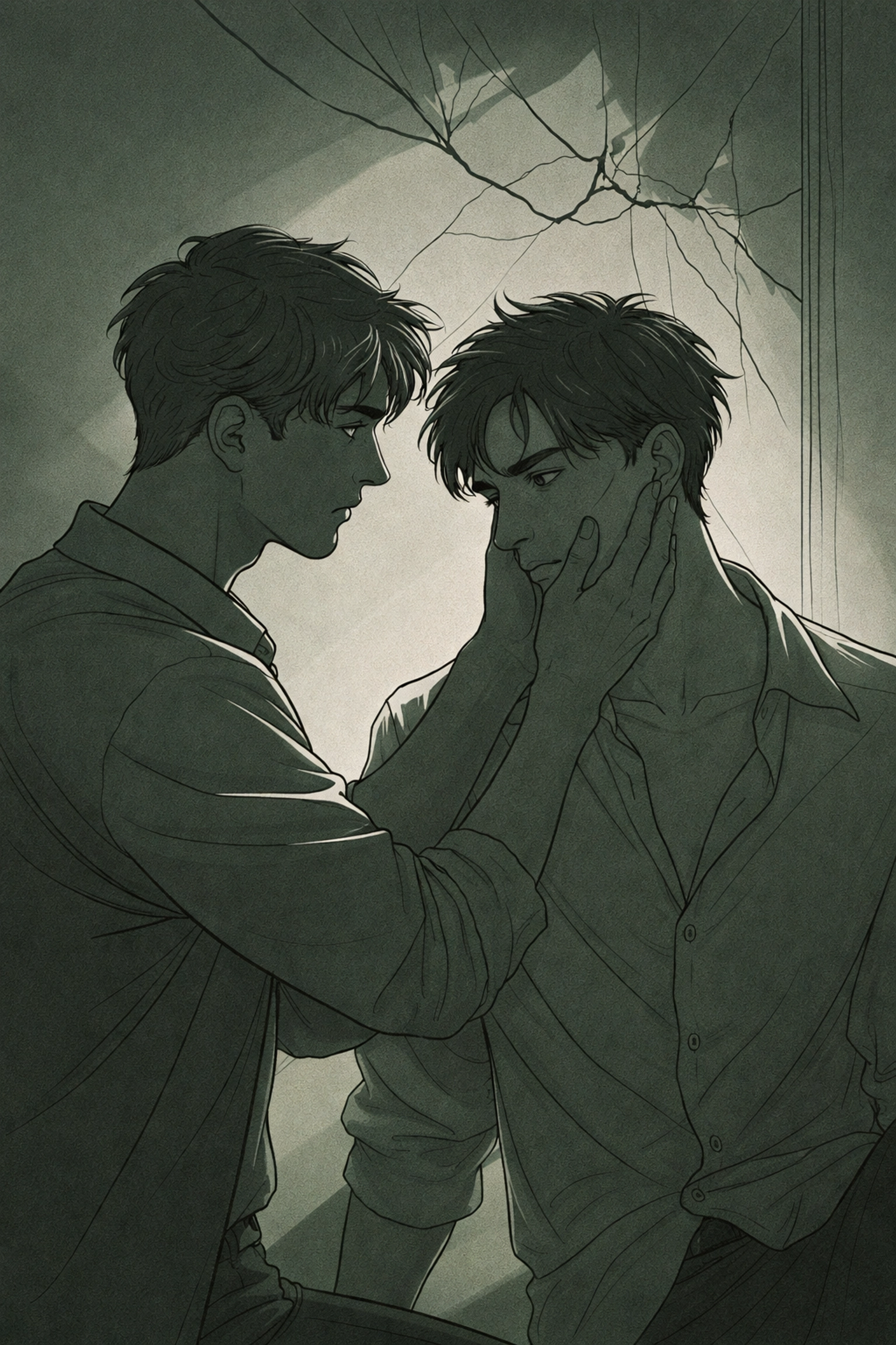 Two men share a vulnerable moment in shadows with fractured ice behind, symbolizing hidden identity in MM romance