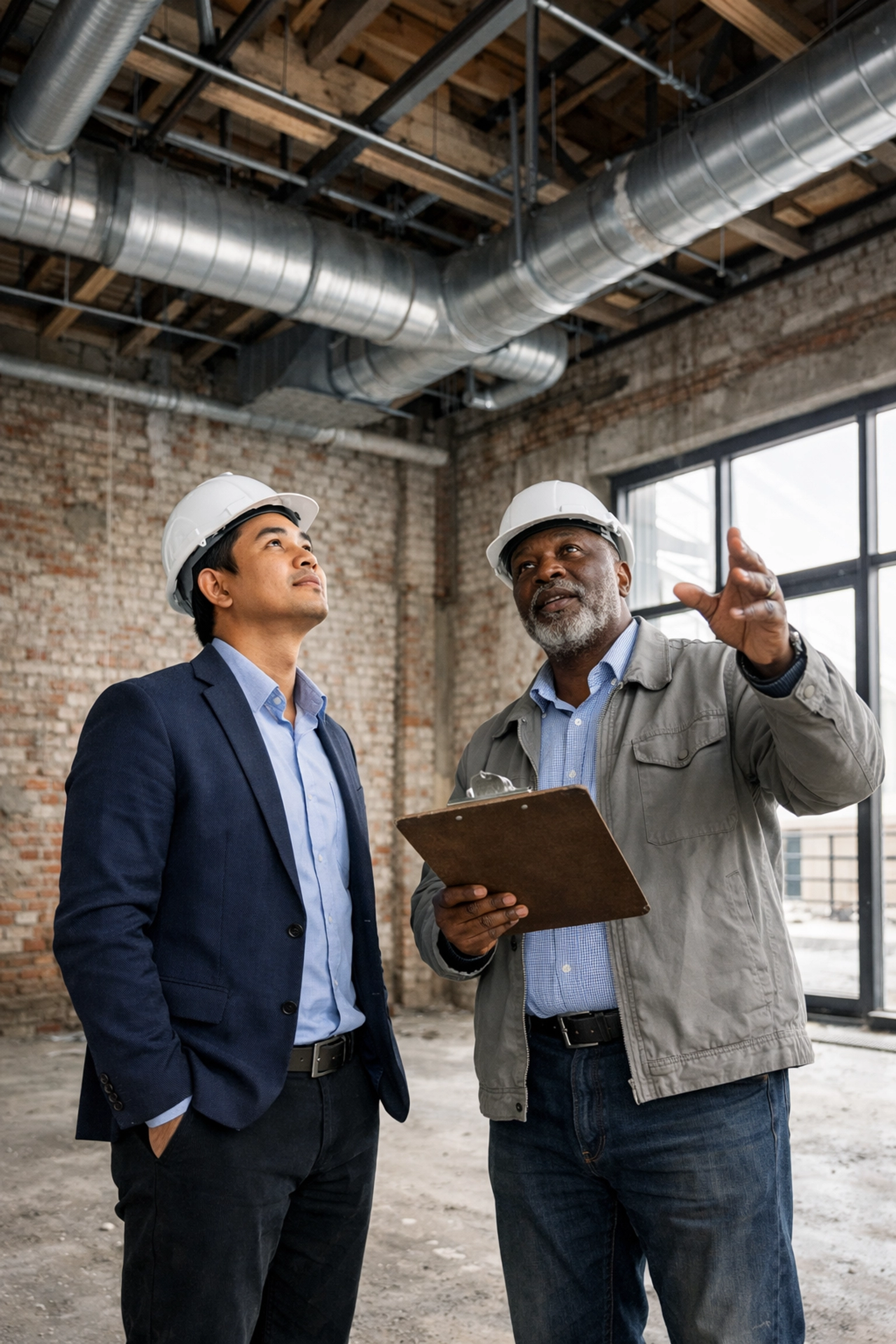 Restaurant owner and consultant inspecting a building site for infrastructure and construction feasibility.