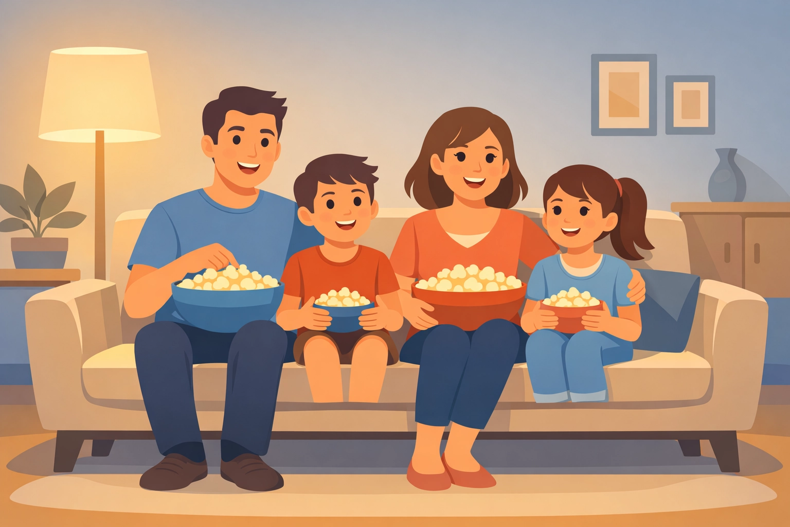 Christian family watching Superman 2025 together on movie night with popcorn