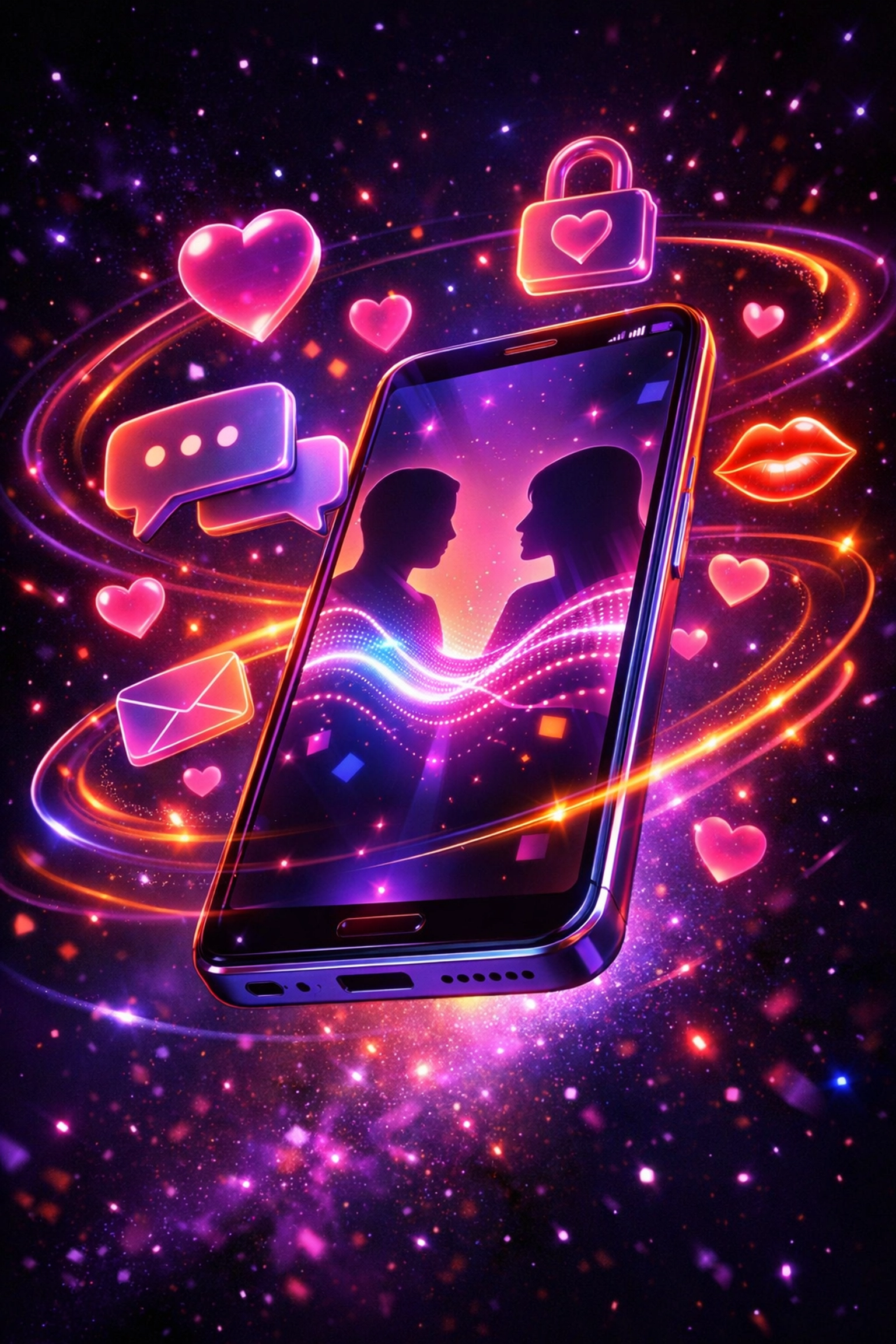 Smartphone with digital hearts and chat bubbles representing AI technology in sexual wellness