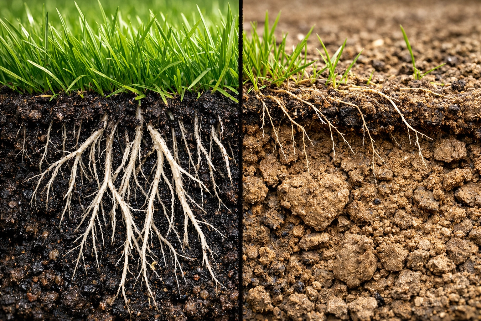Cross-section showing healthy deep grass roots in soil to illustrate professional lawn care irrigation.