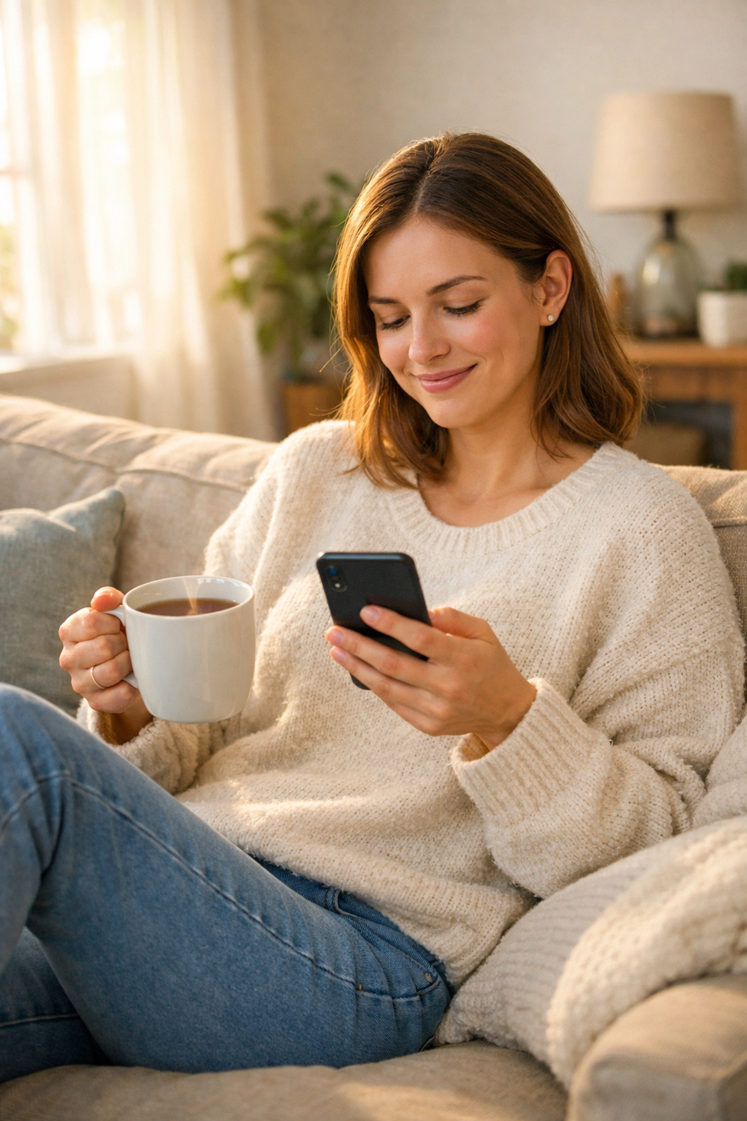 Woman using smartphone for discreet online yeast infection treatment consultation at home