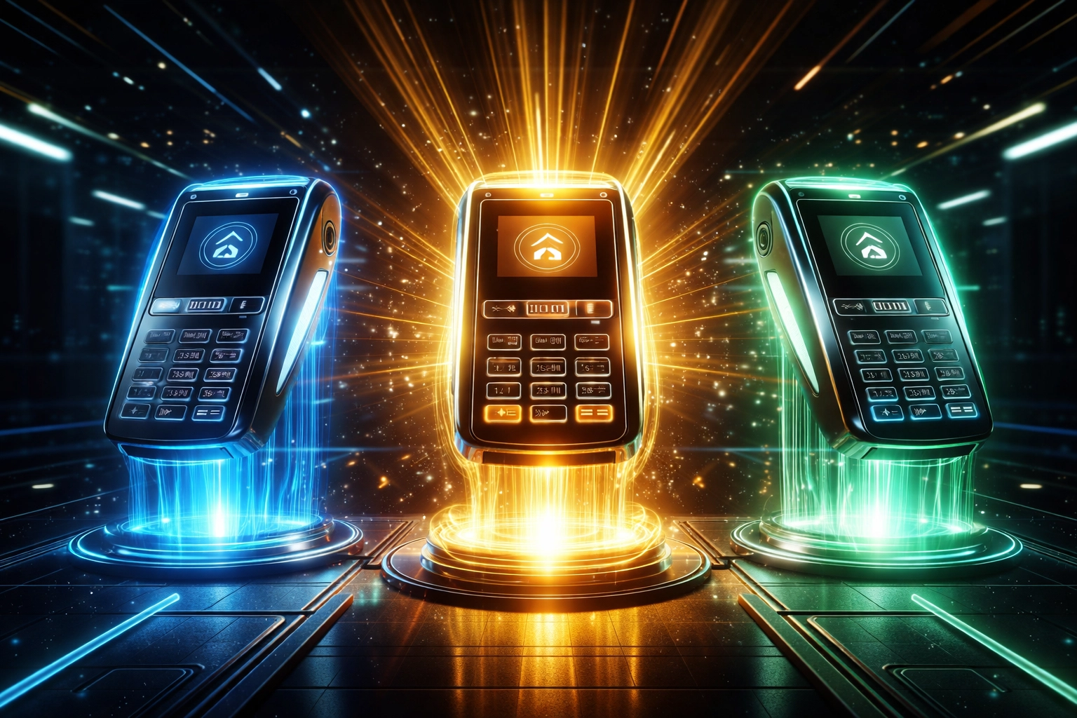 Futuristic comparison of three crypto POS systems with gold terminal highlighting best small business payment solution