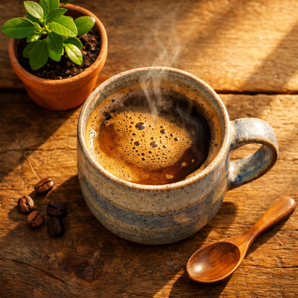 Freshly brewed specialty coffee with rich golden crema in a ceramic mug on a rustic wooden table.