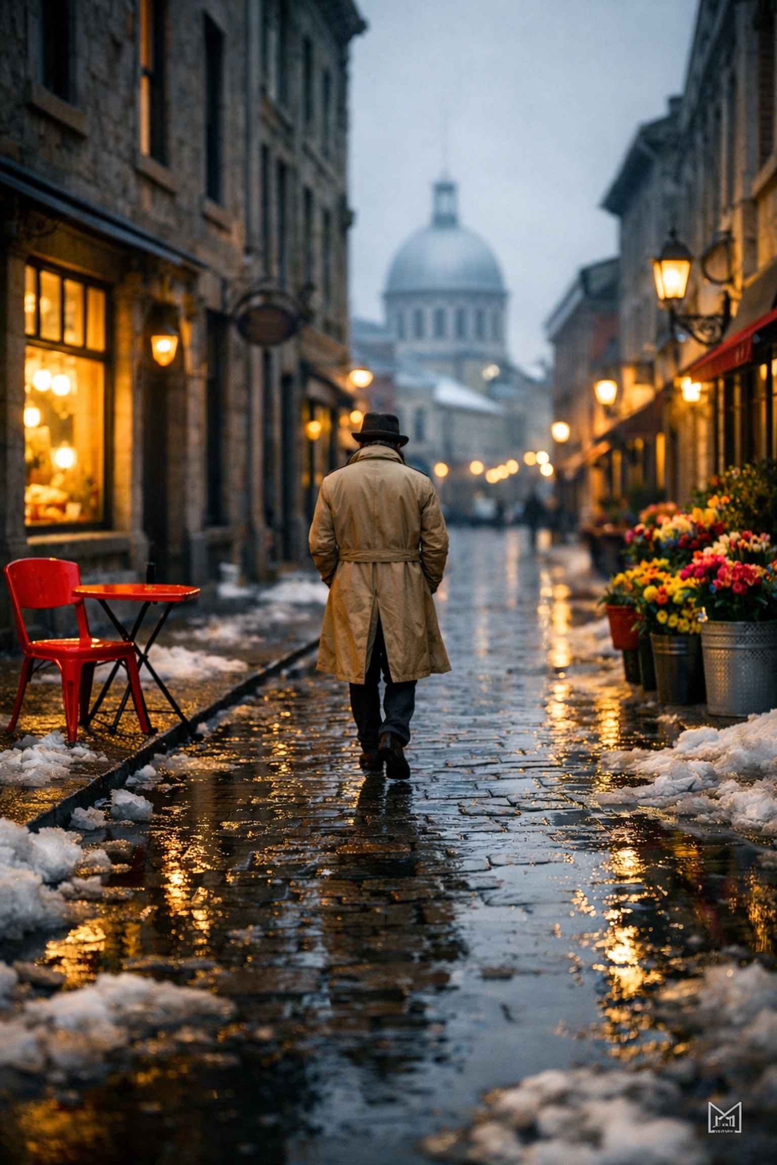 A rainy March morning on a cobblestone street in Old Montreal with slushy pavement and historic architecture.