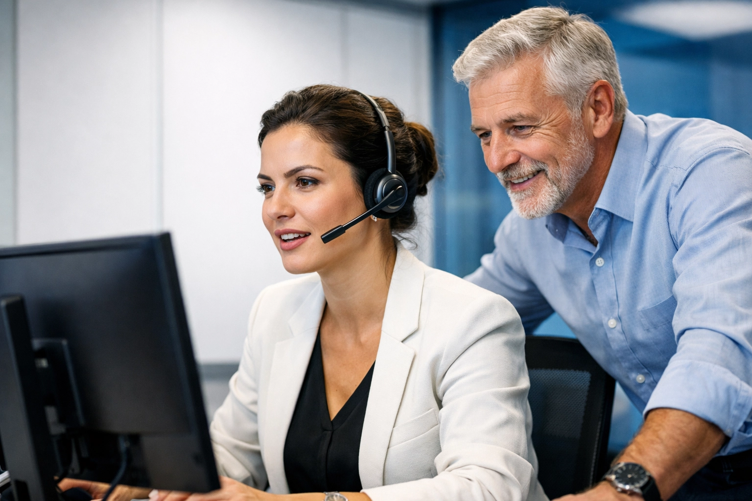 Sales training session with a mentor providing live coaching to a sales professional.