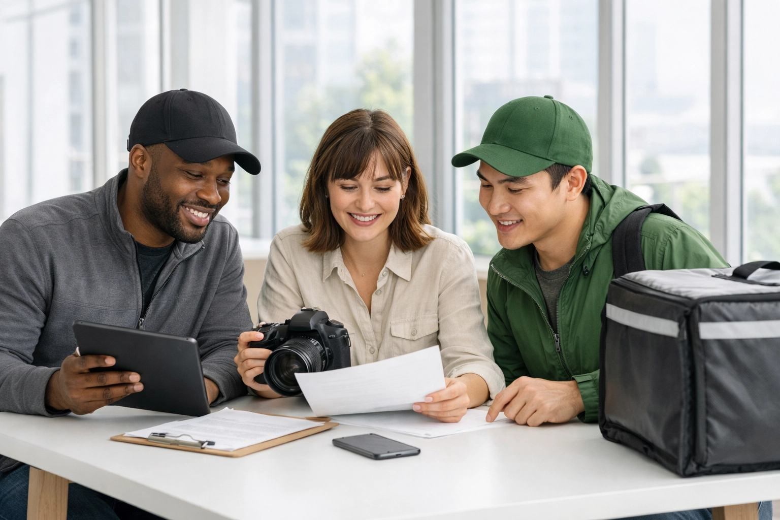 Gig workers including delivery driver and photographer reviewing student loan tax documents together