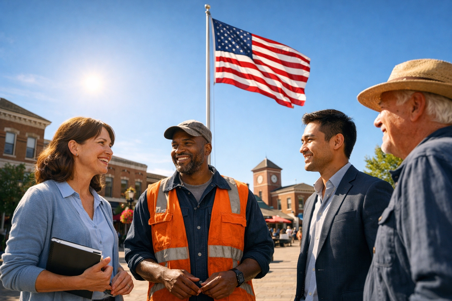 Diverse community members in a town square standing together for American unity and civic leadership.