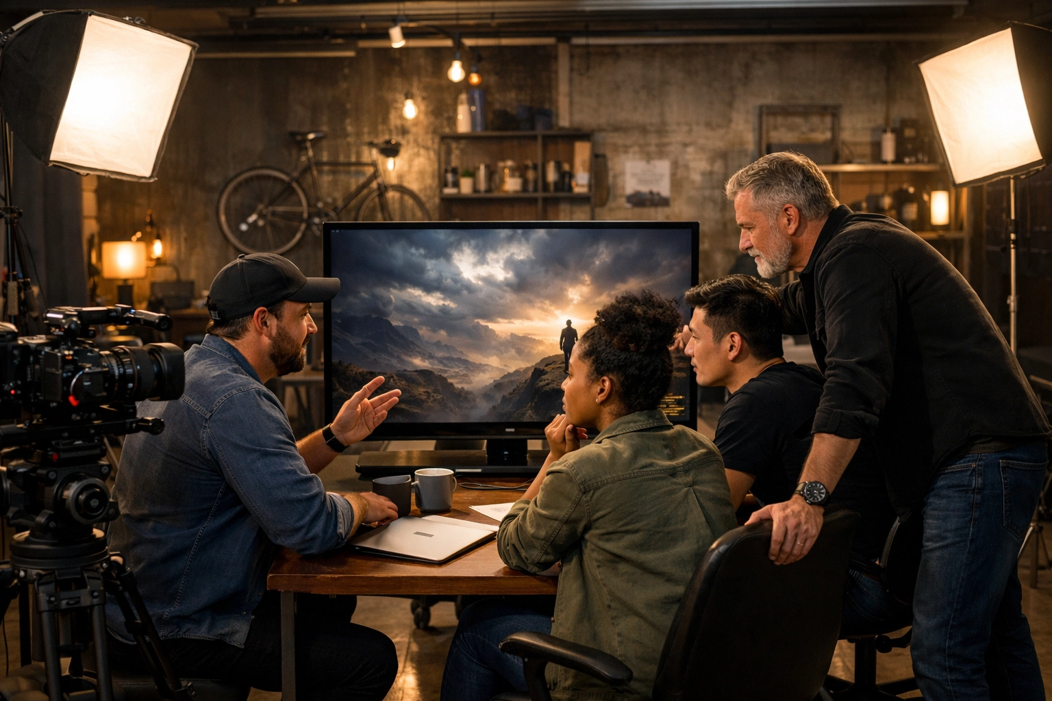 Creative directors and strategists reviewing cinematic footage for an integrated event strategy.