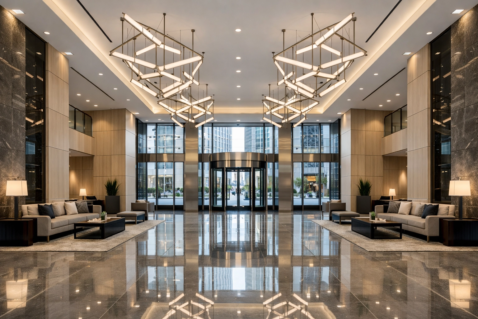 Impeccably maintained modern lobby in a Midwest metro hub reflecting professional cleaning and operational reliability.