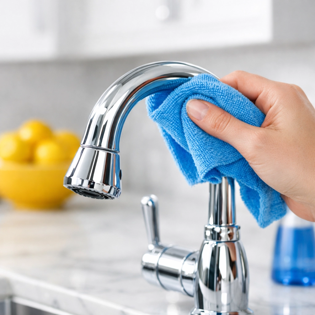 Detailed deep cleaning of a luxury Sherborn kitchen featuring polished chrome fixtures and marble countertops.