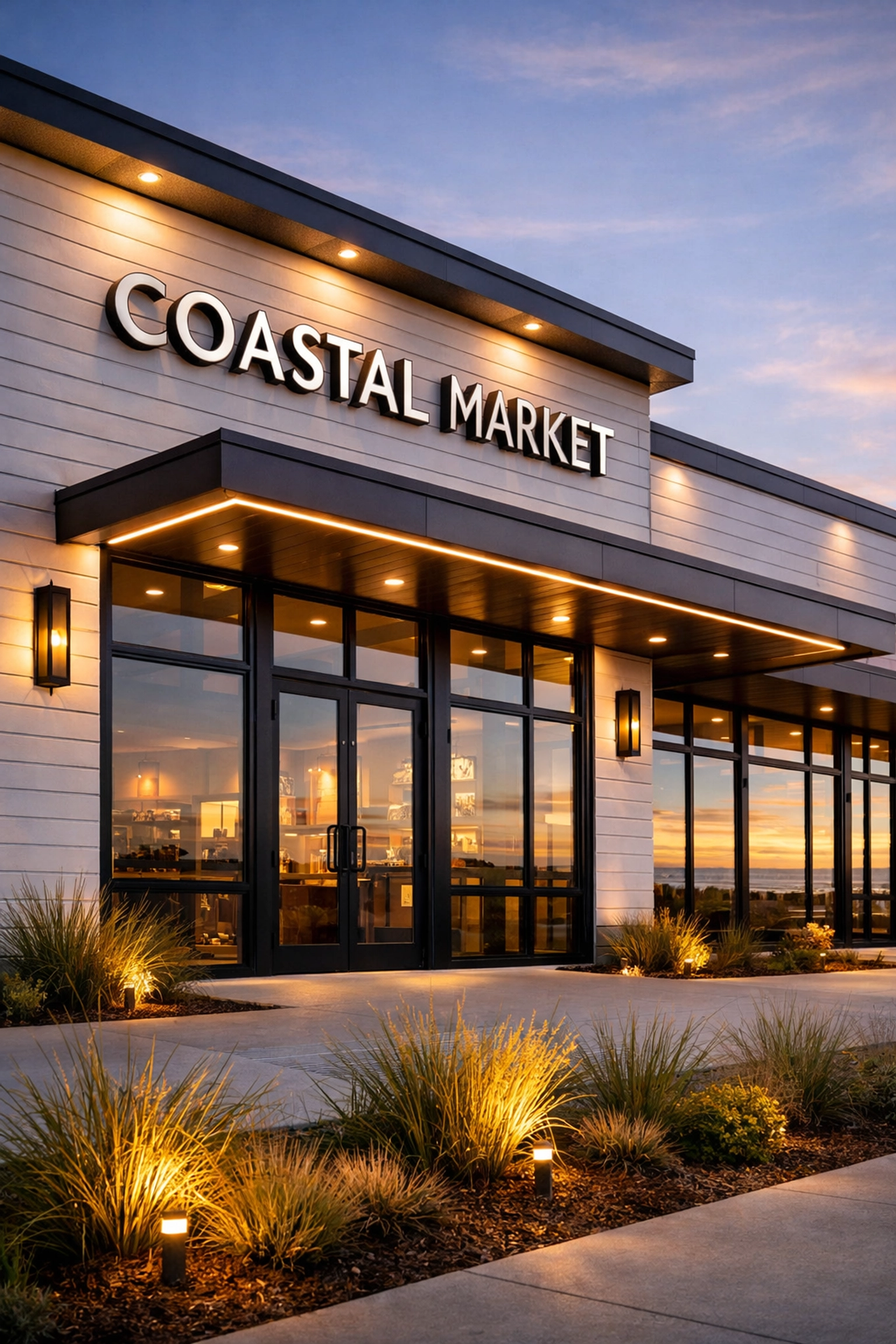Modern coastal commercial storefront with large windows and professional exterior lighting