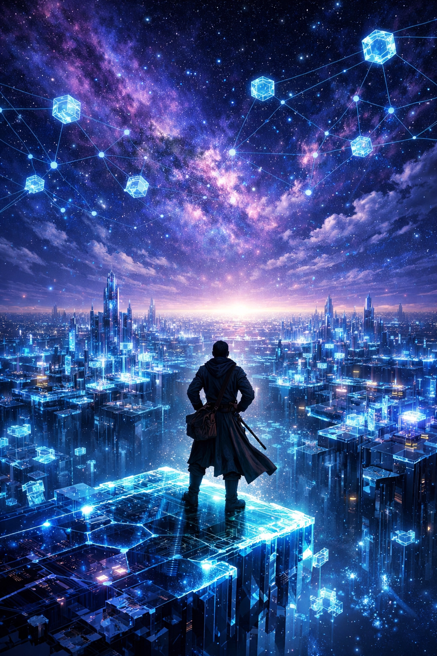 A merchant overlooking a futuristic blockchain city symbolizing global decentralized commerce and freedom.