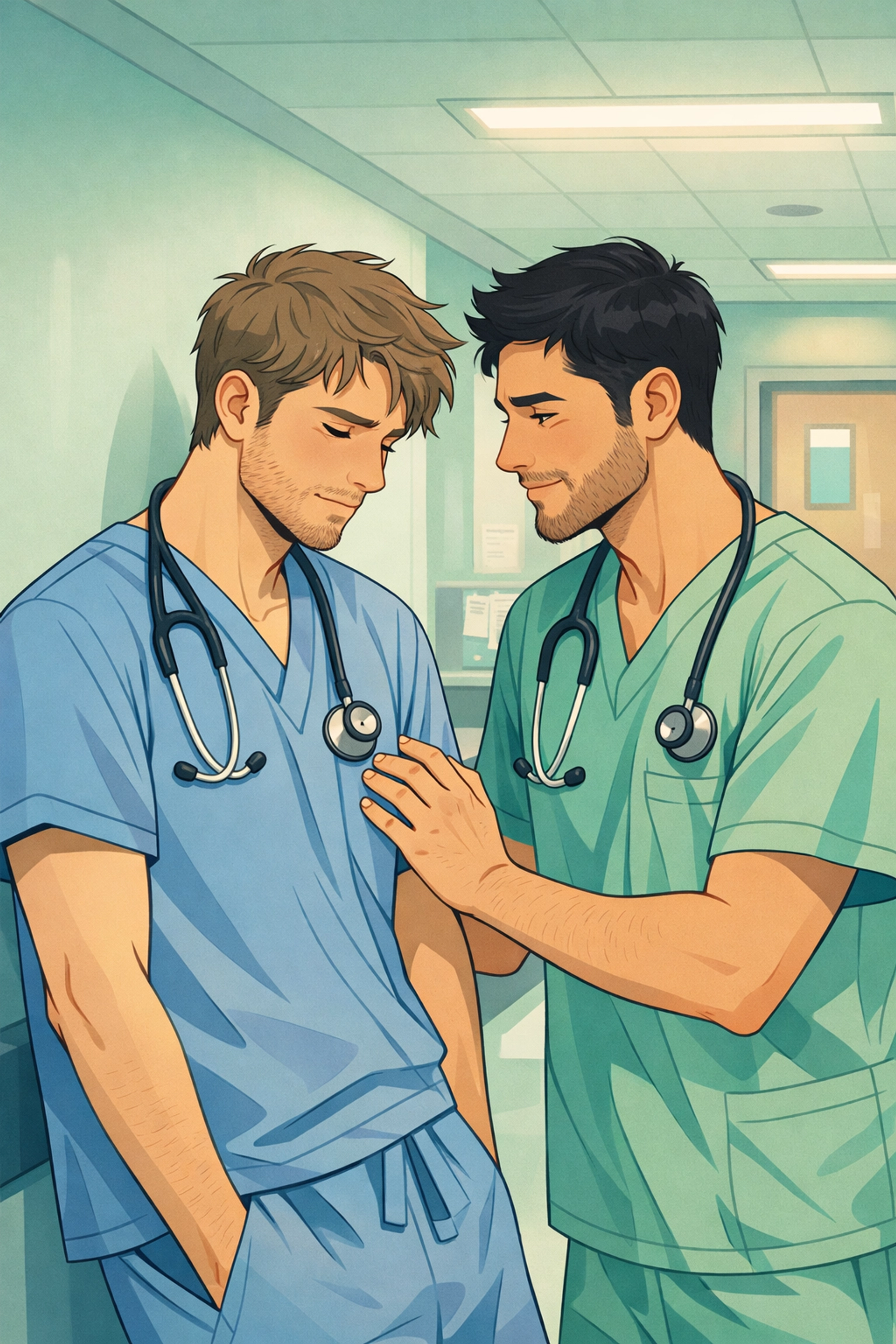 Healthcare workers in scrubs sharing intimate moment - LGBTQ+ medical romance representation