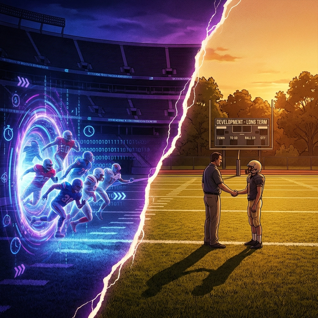 Contrast between chaotic college football transfer portal and stable high school recruiting, highlighting program culture