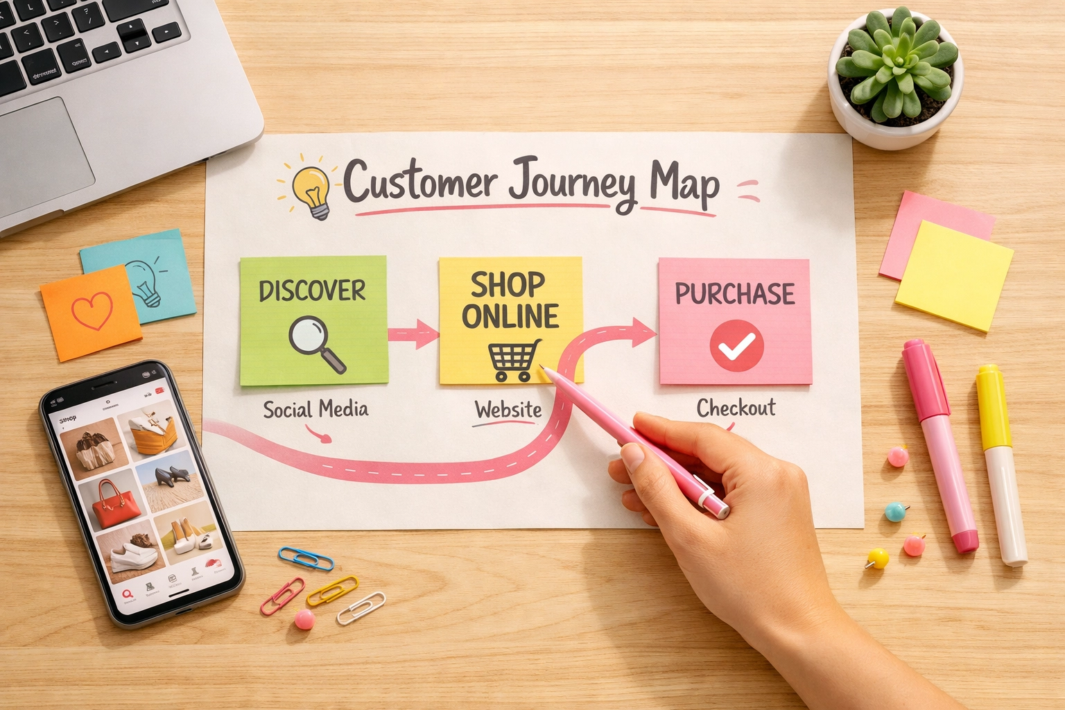 Simplified customer journey map showing streamlined path from social media discovery to purchase